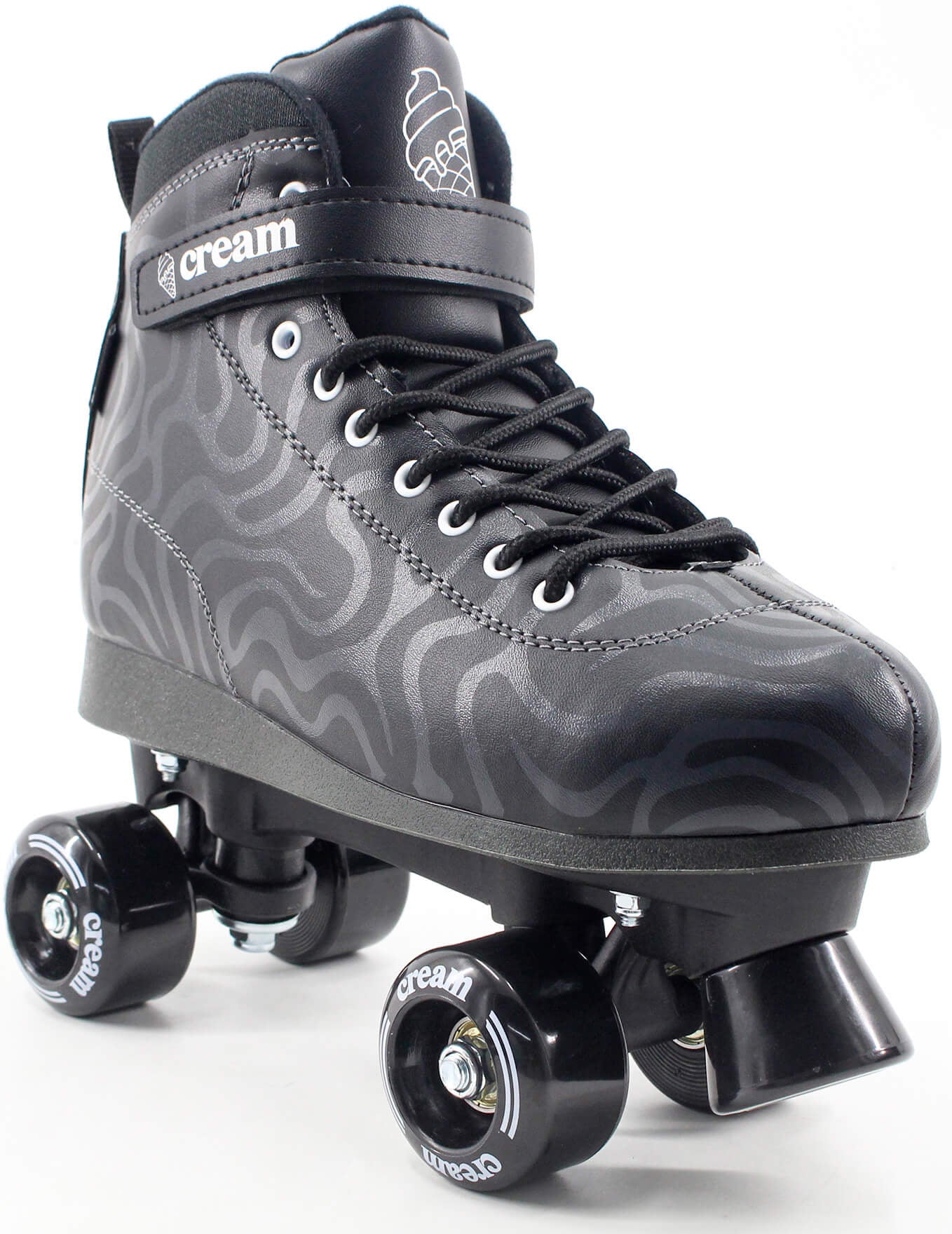 The CREAM Scoop Wave Adjustable Quad Roller Skates in Black, crafted from vegan leather, feature striking wavy silver patterns, black laces, and a Velcro strap branded with "CREAM." Designed with a high-top silhouette for style and support, these skates come equipped with black wheels and a matching toe stop. Perfect for beginner skaters, they offer both comfort and standout style.