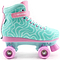 The CREAM Scoop Wave Adjustable Quad Roller Skates in Teal/Pink feature wavy white lines, pink laces, pink wheels, and a matching pink strap—all accented with the word "CREAM" printed on both the strap and wheels. Designed for beginners, these skates from CREAM offer a retro-inspired, playful look that’s sure to stand out.