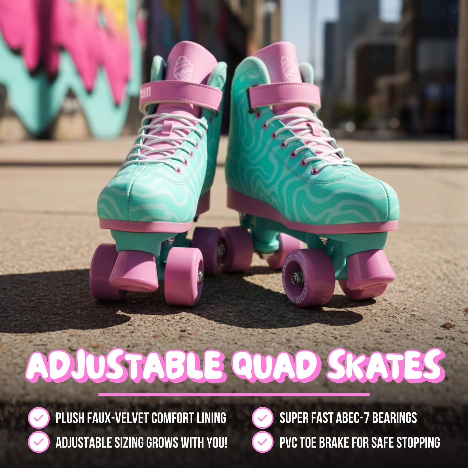 The CREAM Scoop Wave Adjustable Quad Roller Skates in teal and pink are pictured outdoors, showcasing their eye-catching swirl design. Ideal for beginners, these skates offer plush lining, adjustable sizing, ABEC-7 bearings, and a durable PVC toe brake for reliable stopping power.