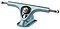 A skateboard truck with a cut-out design, crafted through an alloy forming process, featuring a silver finish with a gold bolt and black bushings. This truck is designed for mounting on a skateboard deck to provide stability and support for the wheels, similar to the Paris V3 Crystal Blue Longboard Trucks from Paris.