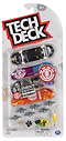 The Tech Deck M01 Deluxe 4 Pack Fingerboards - Element includes two mini skateboards with authentic graphics, extra wheels, trucks, tools, and Element stickers. Packaging shows Tech Deck and Element logos plus a choking hazard warning.