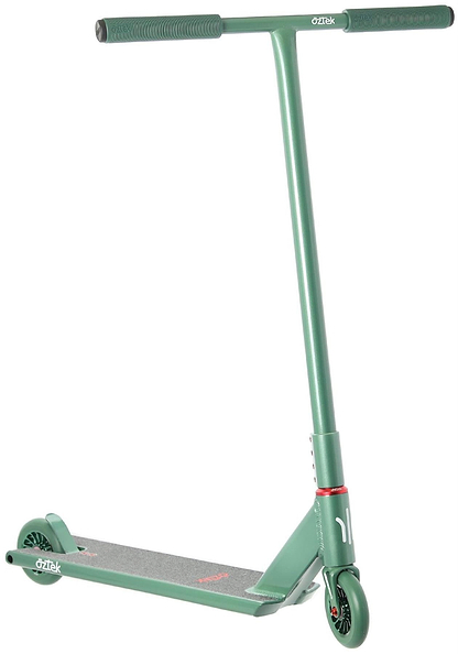 The Aztek Architect 2 Complete Stunt Scooter in Sage Green features a wide handlebar, black grip tape, and two small green wheels—ideal for street tricks and freestyle riding. The Aztek brand name is displayed on the front.