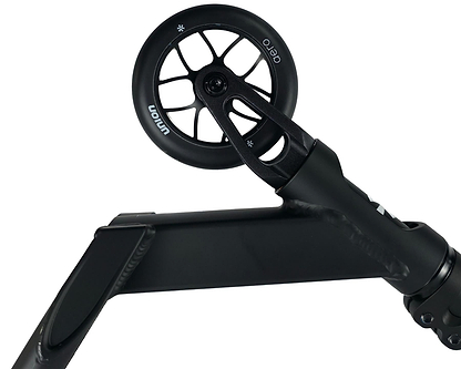 Close-up of the Union Aero Complete Stunt Scooter - Black by Union, highlighting the rear wheel's spokes, detailed deck, and part of the lightweight scooter frame.