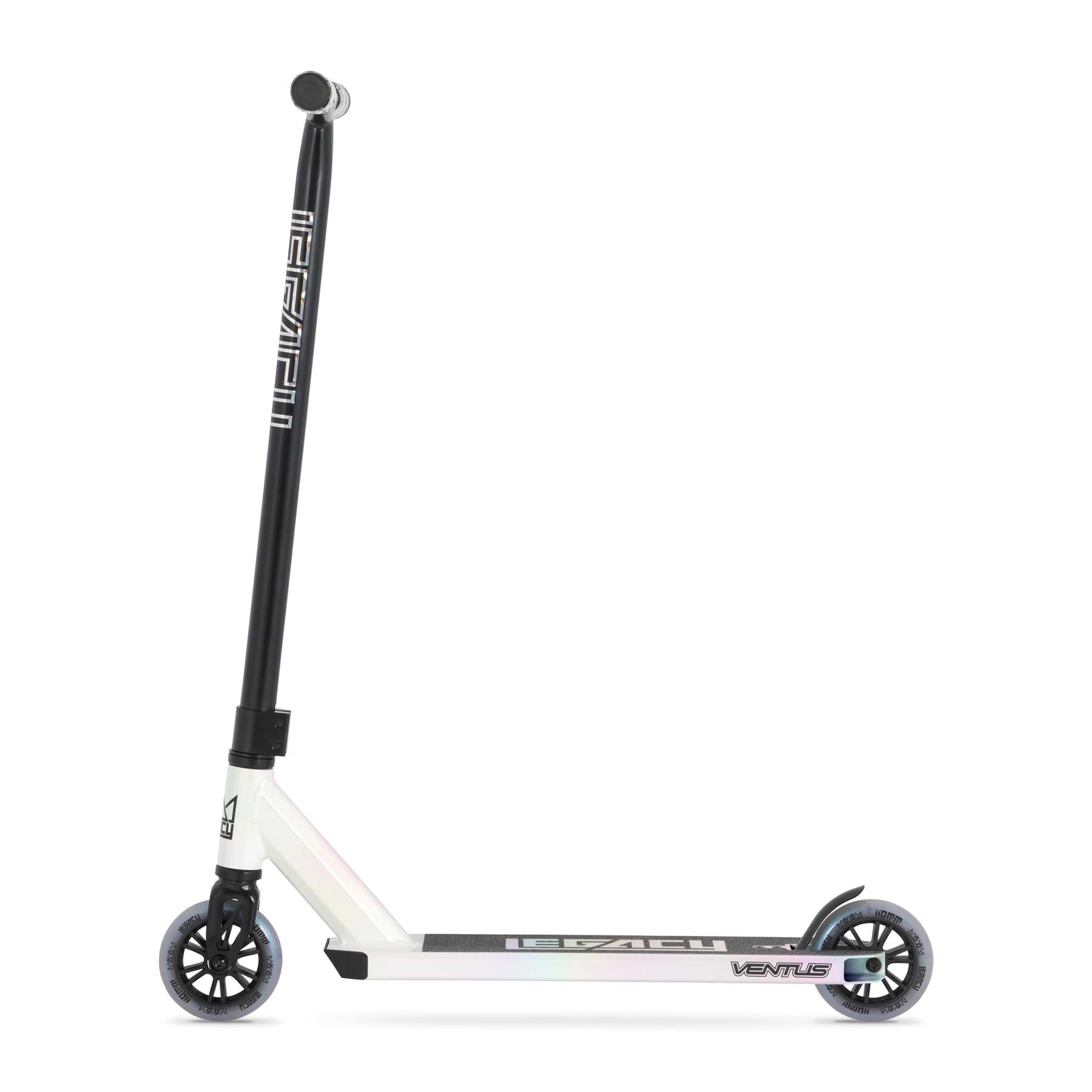 The Legacy Ventus Complete Stunt Scooter in White Glitter features two small wheels, a long black handlebar, and "LEGACY" branding on the frame, shown against a plain white background.