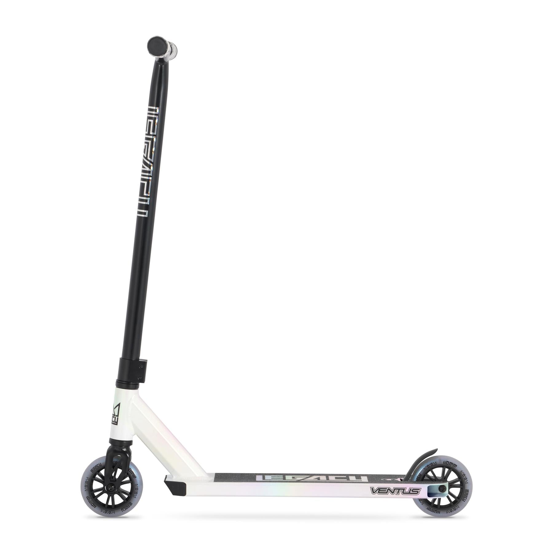 The Legacy Ventus White Glitter Stunt Scooter Starter Bundle by Legacy features a white and black stunt scooter with "VENT" on the deck, tall handlebar, and two small wheels—ideal for new riders.