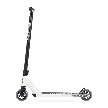 The Legacy Ventus White Glitter Stunt Scooter Starter Bundle by Legacy features a white and black stunt scooter with "VENT" on the deck, tall handlebar, and two small wheels—ideal for new riders.