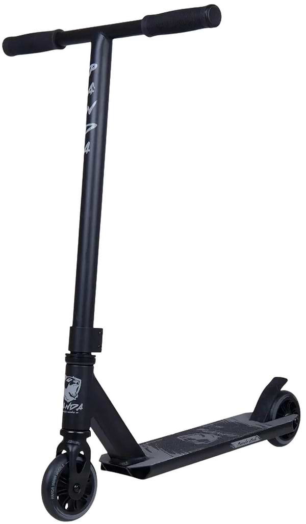 The Panda Cub Complete Stunt Scooter - Black by Panda is designed for young riders, featuring a T-shaped handlebar, small wheels, and a non-slip deck, shown at an angle on a white background.