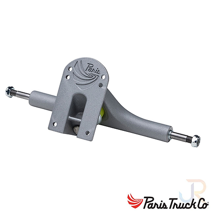 Picture of the Paris V3 Reflector Grey Longboard Trucks, showcasing the brand's logo. These 180mm trucks are expertly crafted for longboard enthusiasts, featuring a sturdy axle and baseplate with clearly visible mounting holes.
