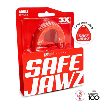 The Safejawz Extro Series Protection Mouthguard - Viper comes in red and white packaging with a clear mouthguard in a red case. Text highlights "3X stronger," "case included," awards, and suitability for ages 12+ years.