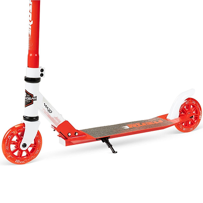 The Madd Gear Metro Rush 125 Kids Foldable Scooter by MGP features a white/red design, large red wheels, black grip deck, adjustable handlebar, kickstand, and white rear fender brake.