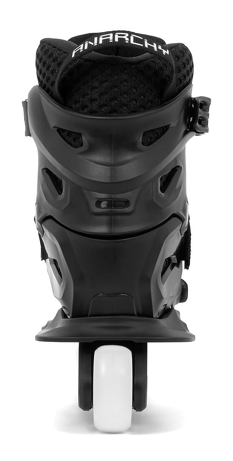 A close-up rear view of the Anarchy Unity Adjustable Aggressive Inline Skates in black, featuring a padded upper heel with "ANARCHY" branding and a white high-rebound PU wheel.