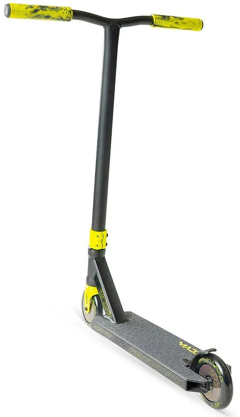 The Madd Gear Viral Rave Complete Stunt Scooter - Neon by MGP, featuring a wide handlebar, textured foot deck, and two small wheels, is shown on a white background.