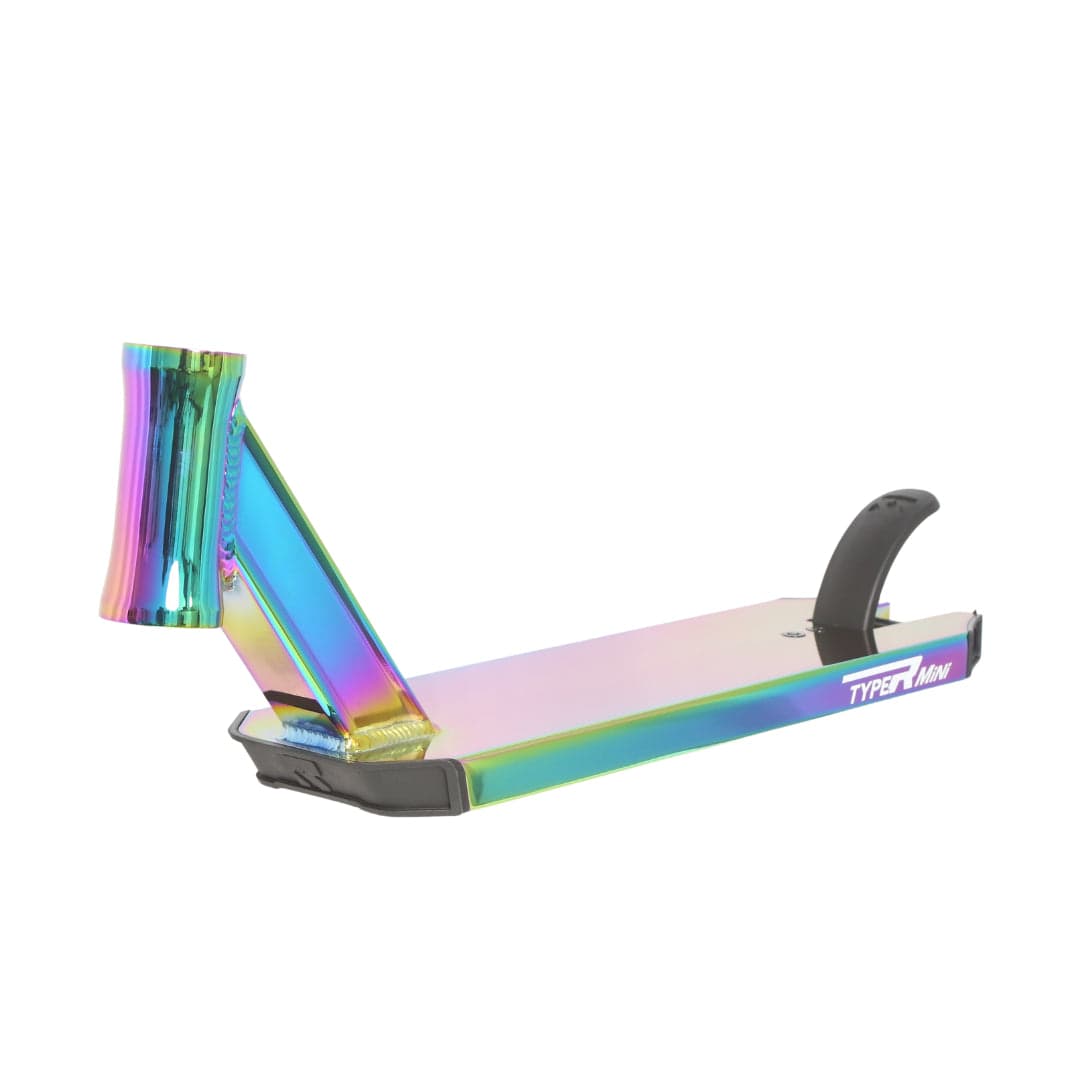 A Root Industries Type R Mini Rocket Fuel Neochrome Stunt Scooter Deck, measuring 4.7" x 17.5", is displayed against a plain white background. Designed with younger shredders in mind, it features a cutout near the neck and a textured grip on the back. The words "TYPE-R" and "NATIVE" are visible on the side, making it ideal for beginners and intermediate riders.