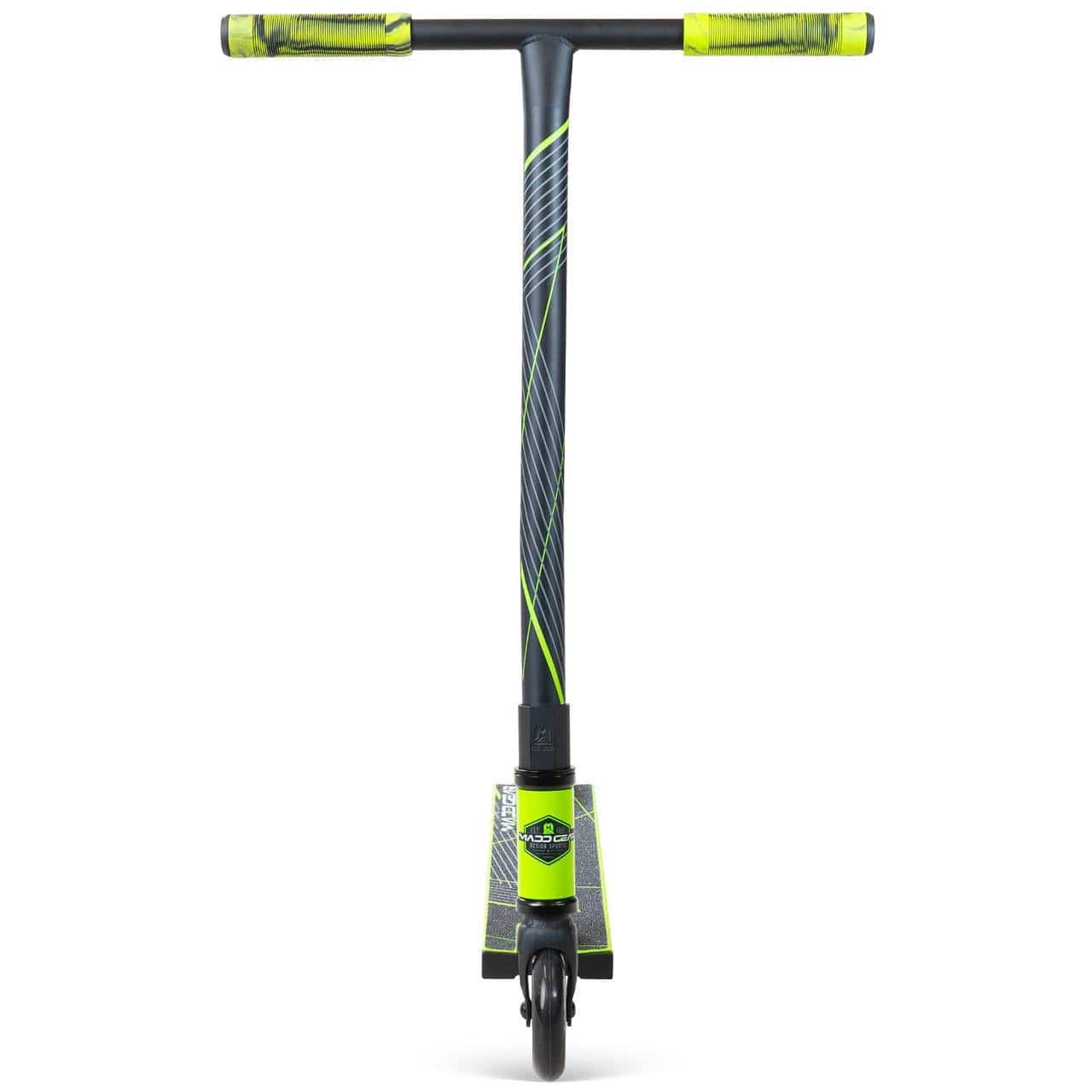 The Madd Gear MG 1 Raven Complete Stunt Scooter in Lime/Black is shown from the front, highlighting its handlebars, deck, and single front wheel with bold diagonal lines and graphic patterns for a dynamic kids scooter style.
