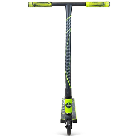 The Madd Gear MG 1 Raven Complete Stunt Scooter in Lime/Black is shown from the front, highlighting its handlebars, deck, and single front wheel with bold diagonal lines and graphic patterns for a dynamic kids scooter style.