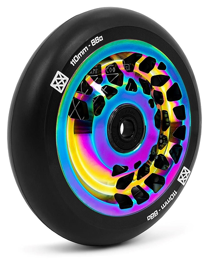 A close-up of the Slamm Split Core 110mm Stunt Scooter Wheel - Neochrome highlights its vibrant, rainbow-colored hollow core design with a sleek neochrome finish. The glossy rim provides a futuristic appearance, featuring "110mm Split Core" and "88a" specifications for an exceptional ride.