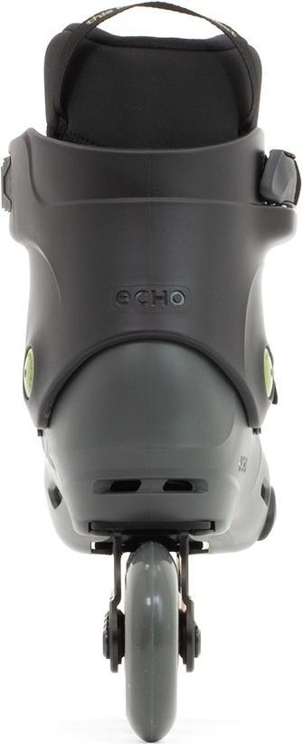 Rear view of a black Echo Sonar 4 Wheel Inline Freeskate, showing heel, ankle support, and one large rear wheel. "ECHO" branding appears on the heel—perfect for city skaters seeking quality and style from Echo.