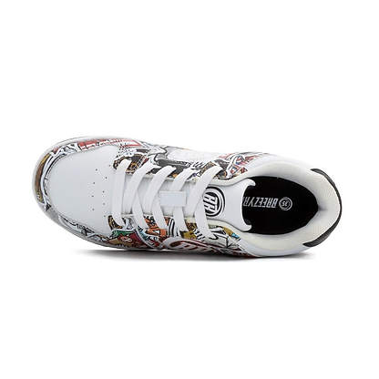 The Breezy Rollers Groovy Shoes - Cartoon feature colorful graphics along the sides, a "FREEZY" print on the black insole, and a patented wheel system for effortless rolling—all from Breezy Rollers.