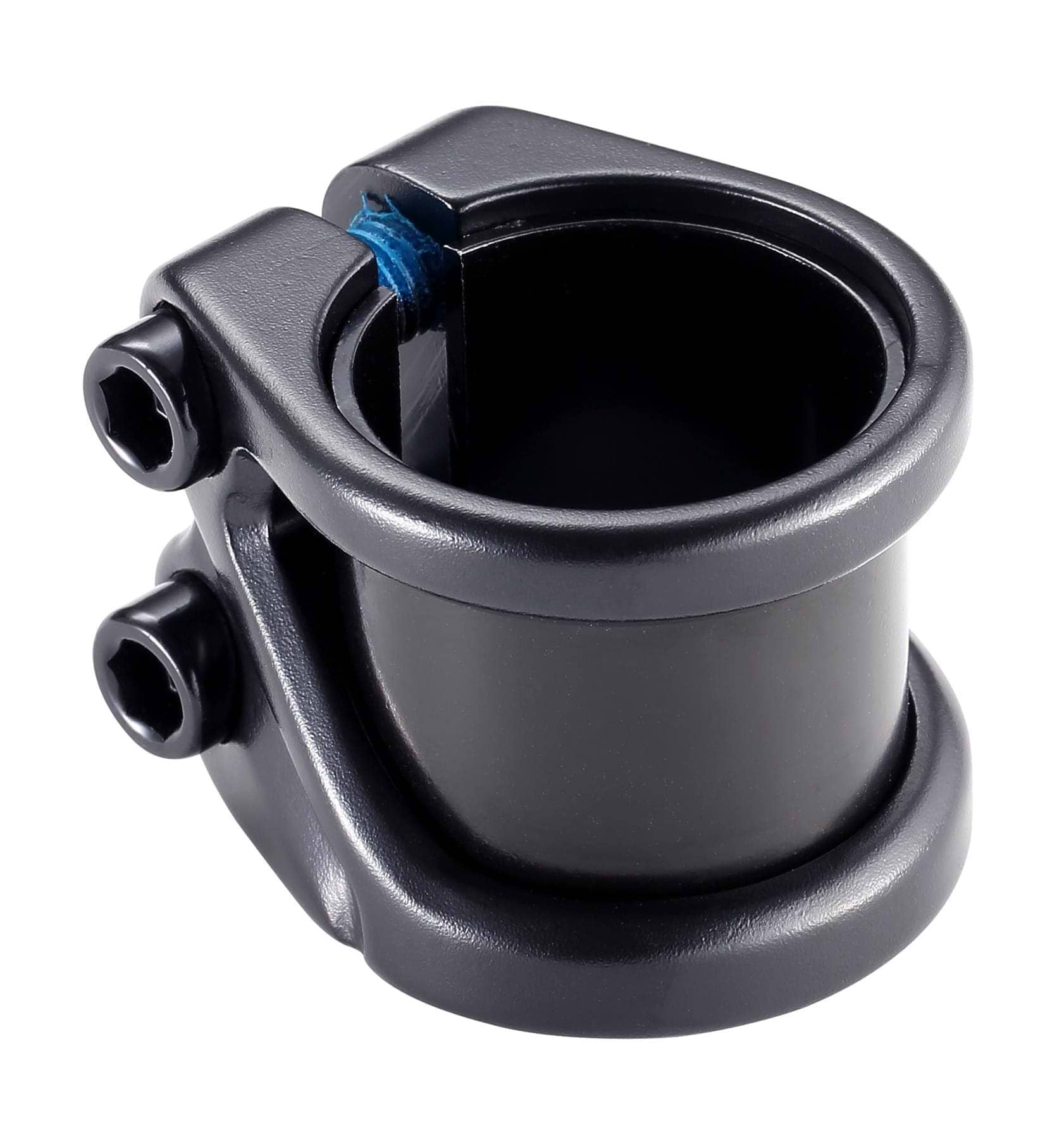 The Blunt Envy Z 2 Bolt Oversized Stunt Scooter Clamp - Black, manufactured by Blunt Envy, is made from premium aluminum and includes two hex bolts that ensure a secure fit for scooter bars. It has a stylish black design with a smooth finish and a subtle blue lining inside the hinge area.