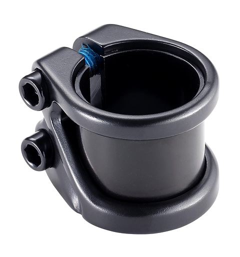 The Blunt Envy Z 2 Bolt Oversized Stunt Scooter Clamp - Black, manufactured by Blunt Envy, is made from premium aluminum and includes two hex bolts that ensure a secure fit for scooter bars. It has a stylish black design with a smooth finish and a subtle blue lining inside the hinge area.