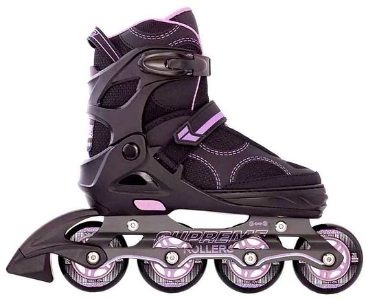 The Supreme Venice Adjustable Kids Inline Skates in Black/Purple feature four wheels, adjustable straps, and detailed stitching—a comfortable semi-soft boot for beginners, shown in a side view against a white background.