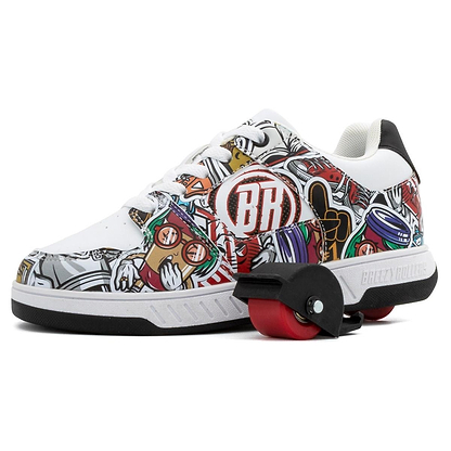 The Breezy Rollers Groovy Shoes - Cartoon by Breezy Rollers are white sneakers with colorful cartoon-style graphics, black trim, and a retractable red heel wheel featuring a patented system for smooth walking and rolling.