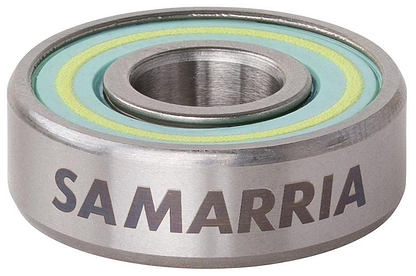 A metal skateboard ball bearing branded "SAMARRIA", similar in precision to Bronson Speed Co's offerings, features glowing inner rings in vibrant green and yellow, reminiscent of Samarria Brevard Pro G3 components.