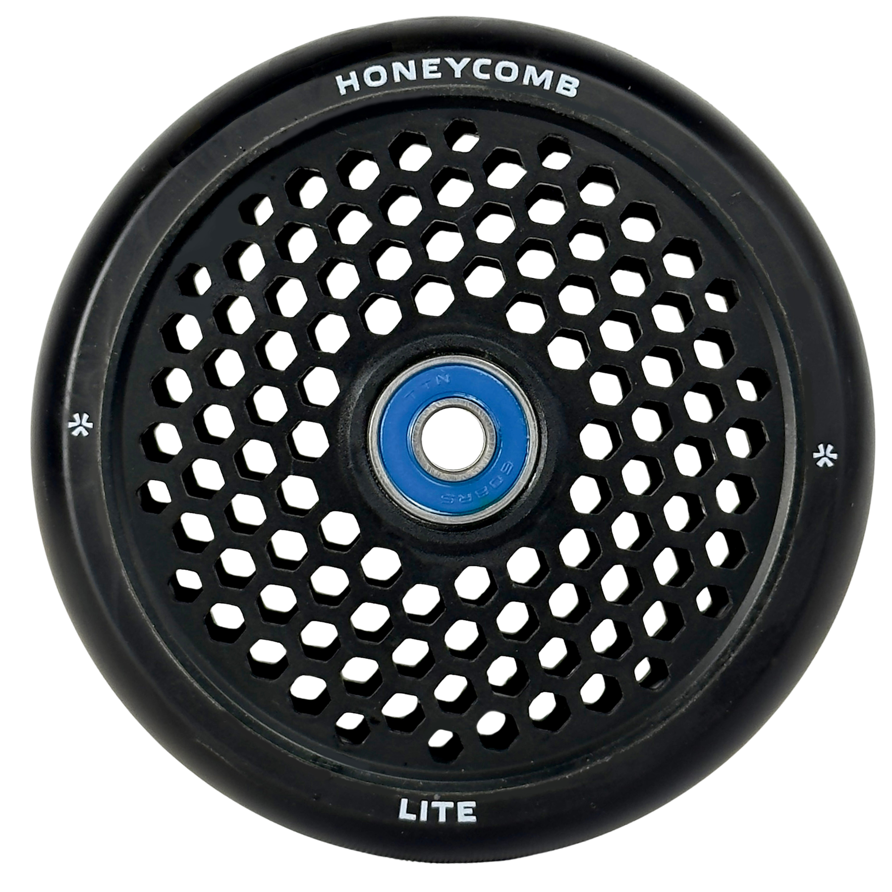 The Union Honeycomb Lite 110mm Stunt Scooter Wheel in black features a lightweight honeycomb center design, blue bearing, and "HONEYCOMB" and "LITE" printed along the outer edge.