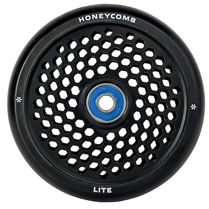 The Union Honeycomb Lite 110mm Stunt Scooter Wheel in black features a lightweight honeycomb center design, blue bearing, and "HONEYCOMB" and "LITE" printed along the outer edge.