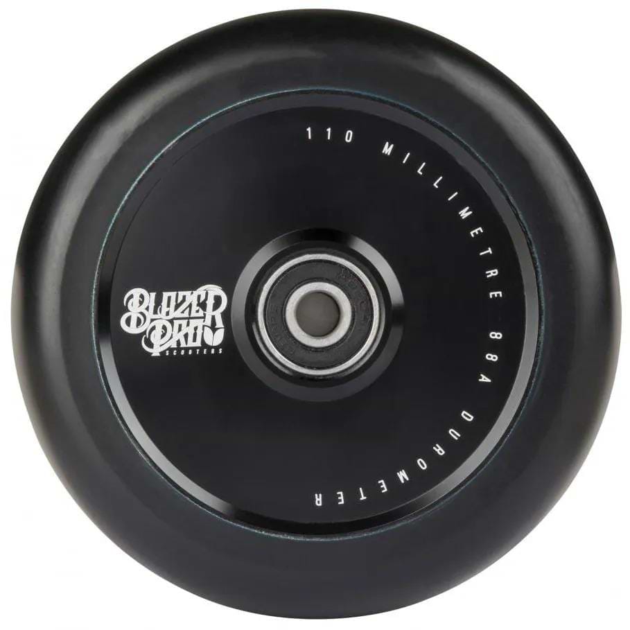 A close-up of the Blazer Pro 110mm Hollowcore Stunt Scooter Wheel - Black shows "Blazer Pro," "110 millimetre," and "88A durometer" text, with metal ABEC 11 bearings visible at the center.