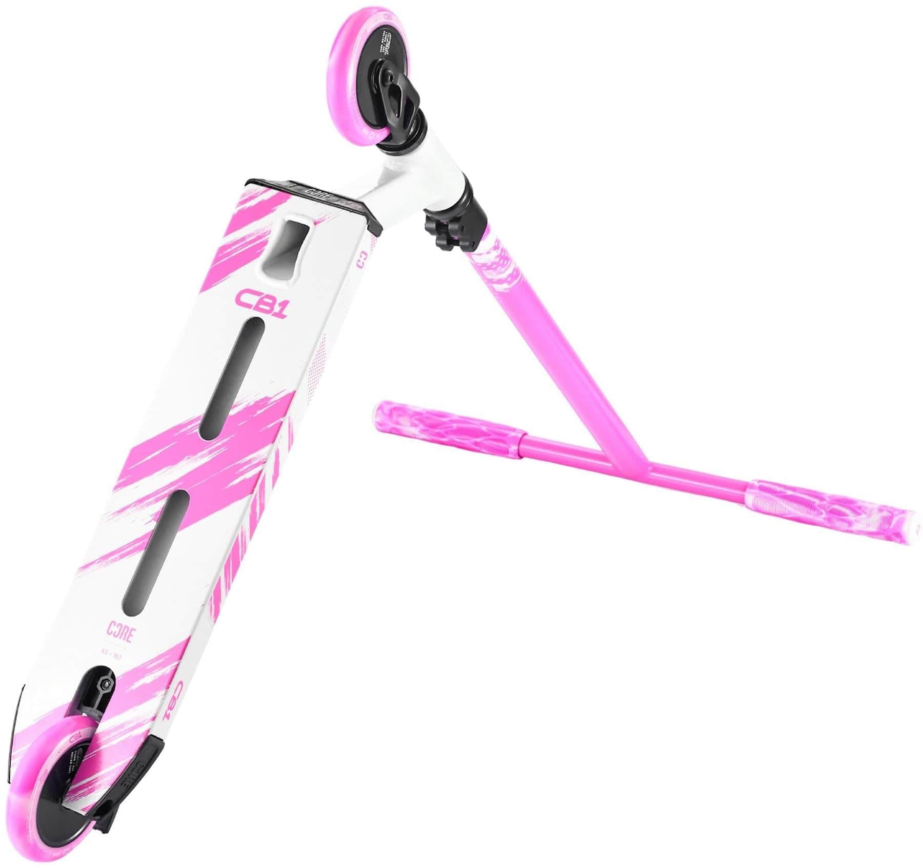 The CORE CB1 Beginner Complete Stunt Scooter by CORE in white and pink features pink wheels, handlebars, and diagonal deck stripes—a stylish choice for beginners starting their stunt scooter journey.