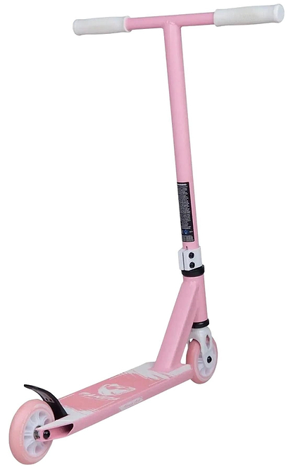 The Panda Cub Complete Stunt Scooter - Pink by Panda features white handlebars and wheels, a sturdy frame, and a black rear brake—perfect for young riders seeking fun and safe adventures.