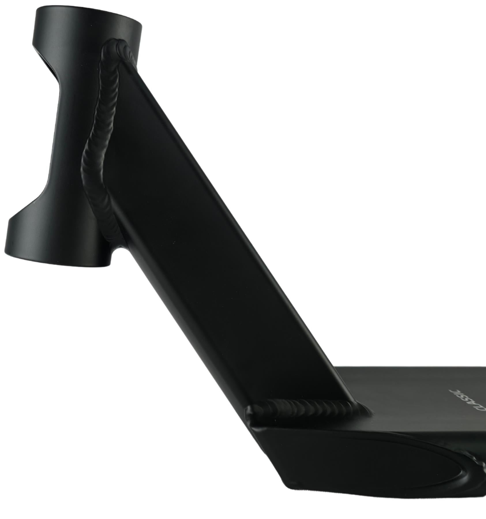 Close-up of the Union Classic Pro Black Stunt Scooter Deck - 4.75" by Union, highlighting the neck and headtube area with visible welds against a white background.