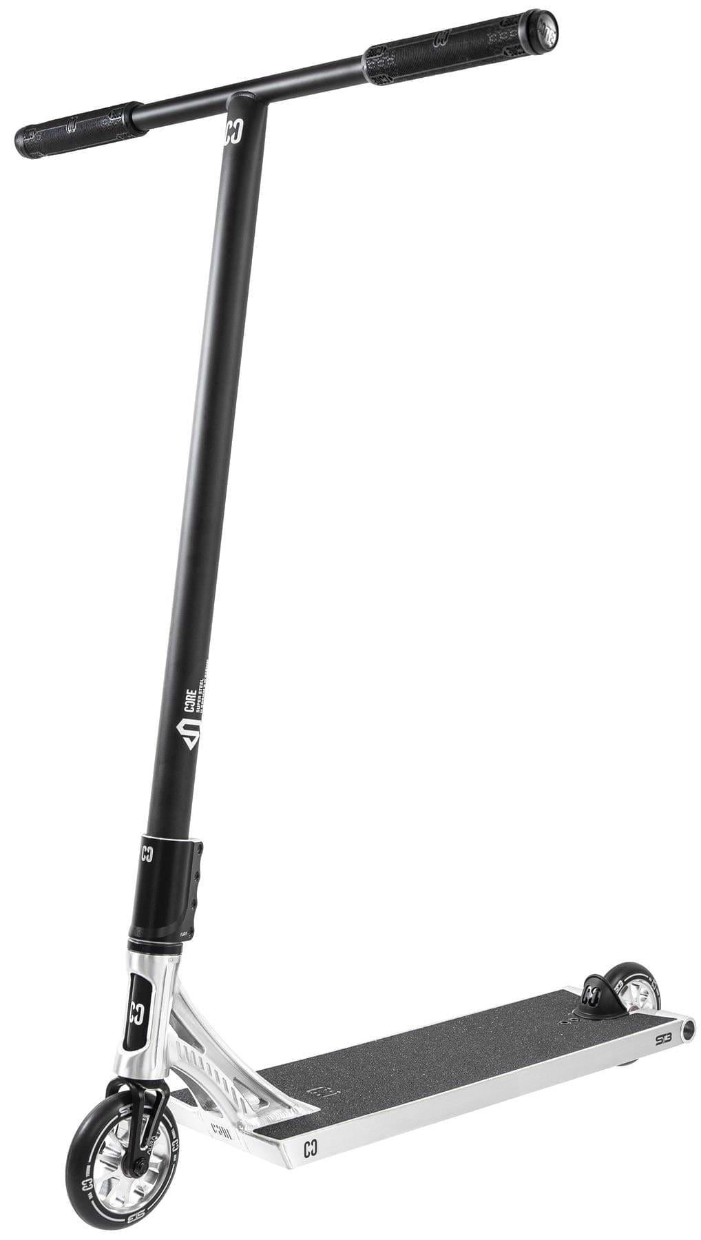 The CORE ST3 Complete Stunt Scooter by CORE features a polished finish, T-shaped handlebar with black grips, small black wheels, and pro-grade components, shown against a white background.