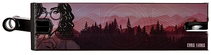 The Lucky Chris Farris Signature V1 Black Stunt Scooter Deck (6" x 22") features a rectangular shape, forest and mountain artwork, geometric lines, and a partial figure with glasses. "CHRIS FARRIS" is displayed in the corner.