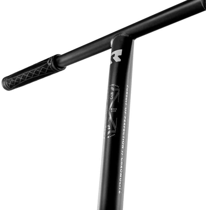 Close-up of the Root Industries AIR RS V3 Complete Stunt Scooter – Black, featuring textured rubber grips and white Root Industries branding on the handlebar, set against a white background.