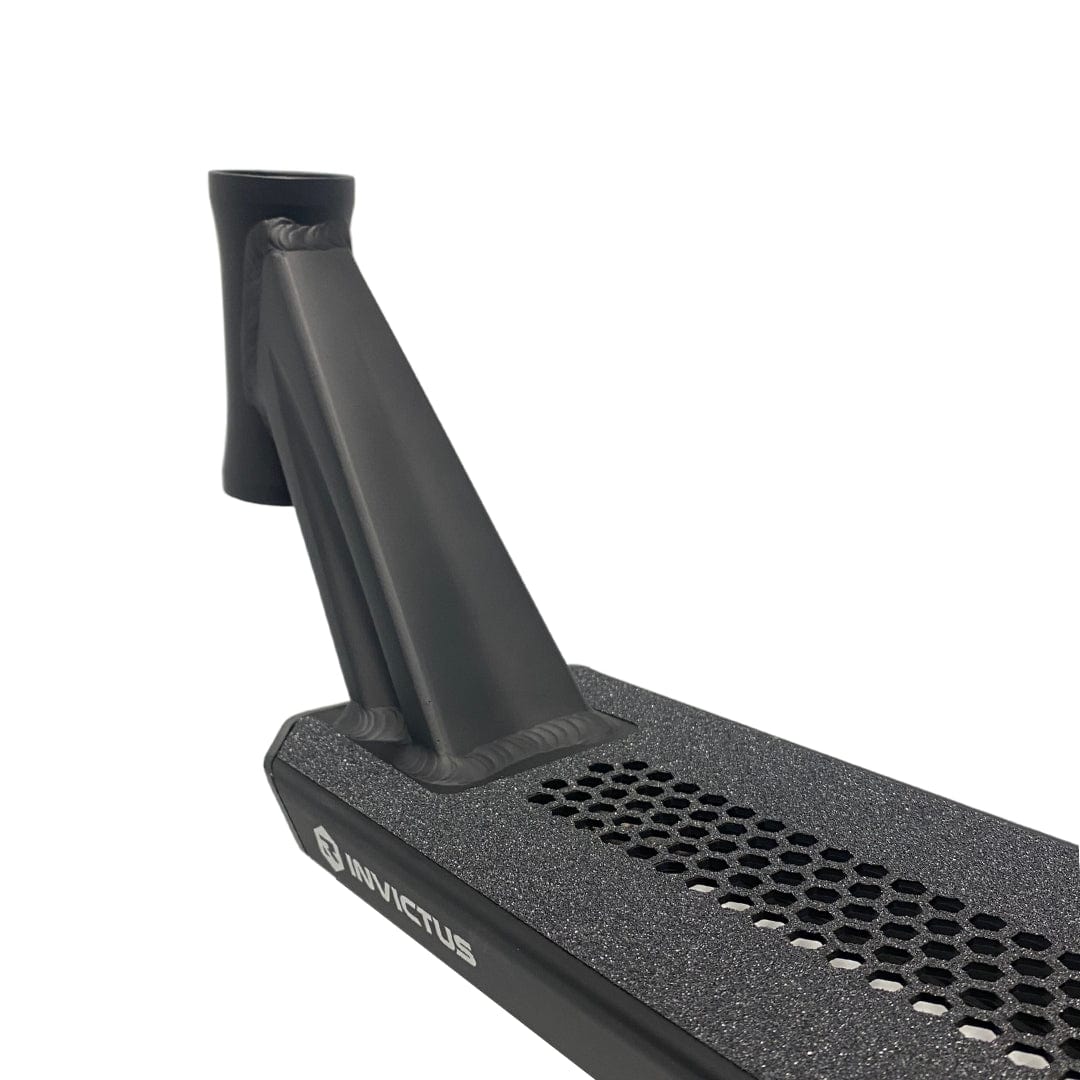 Close-up of the Root Industries Invictus V2 Black Stunt Scooter Deck (4.8" x 20") showing its lightweight design, textured grip surface, honeycomb cutouts, strong headtube, and bold Root Industries branding on the side.