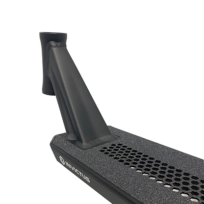 Close-up of the Root Industries Invictus V2 Black Stunt Scooter Deck (4.8" x 20") showing its lightweight design, textured grip surface, honeycomb cutouts, strong headtube, and bold Root Industries branding on the side.