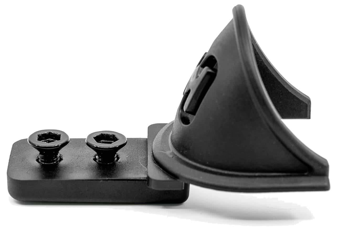 A close-up of the black CORE ST Nylon Stunt Scooter Fender by CORE, an L-shaped plastic and metal mounting bracket with two hex screws and a curved holder, designed as a fender for stunt scooters, isolated on white.