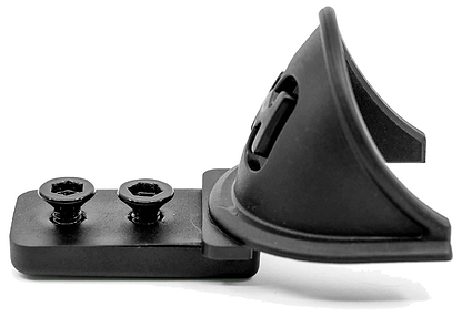 A close-up of the black CORE ST Nylon Stunt Scooter Fender by CORE, an L-shaped plastic and metal mounting bracket with two hex screws and a curved holder, designed as a fender for stunt scooters, isolated on white.