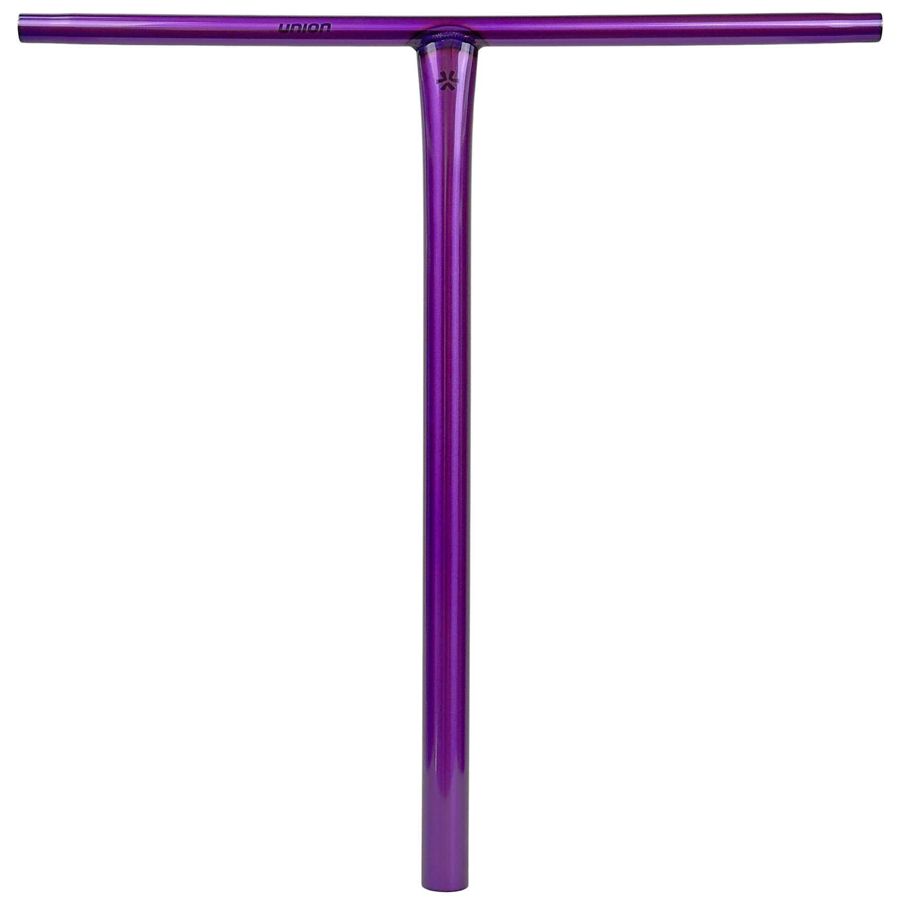 The Union Uniq T Steel Oversized HIC Stunt Scooter Bar in polished purple (650mm x 600mm) features a durable vertical bar with a top crossbar—perfect for riders seeking performance and style.