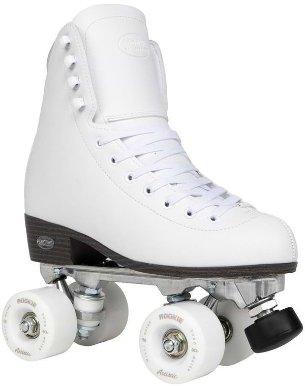 The Rookie Artistic Quad Roller Skates - White by Rookie feature a high-cut vegan leather boot for ankle support, metal frame, white laces and wheels, plus a black toe stop—perfect for those seeking stylish and ethical skating gear.