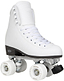 The Rookie Artistic Quad Roller Skates - White by Rookie feature a high-cut vegan leather boot for ankle support, metal frame, white laces and wheels, plus a black toe stop—perfect for those seeking stylish and ethical skating gear.