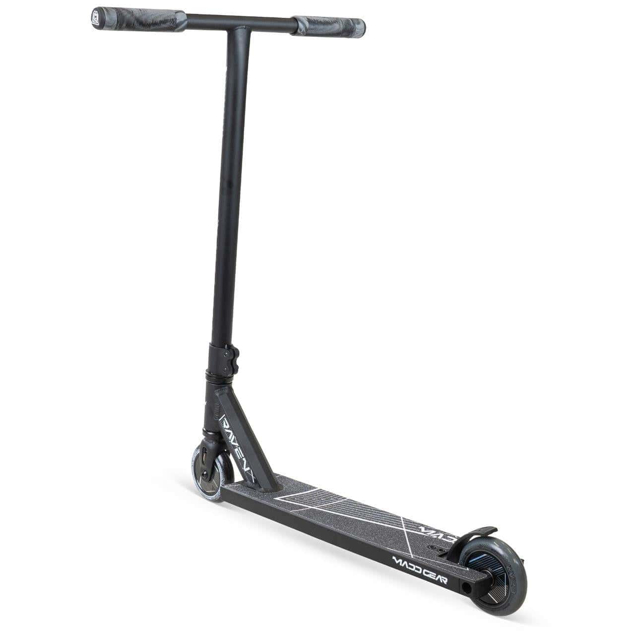 The Madd Gear MG 1 Raven Complete Stunt Scooter by MGP features a lightweight design, T-shaped handlebar, two small wheels, and a textured deck with bold white geometric patterns and the Madd Gear logo.