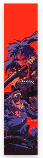 The Chubby Stunt Scooter Griptape - Basilisk Limited Edition by Chubby features bold digital art of a fierce warrior with a sword facing a beast on red—ideal for stunt scooter riders seeking unique griptape inspiration.