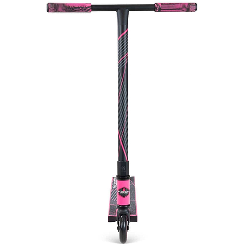 The Madd Gear MG 1 Raven Complete Stunt Scooter in Pink/Black features T-shaped handlebars with pink grips and a durable aluminium deck with a pink design above the front wheel. Brand: Madd Gear (MGP).