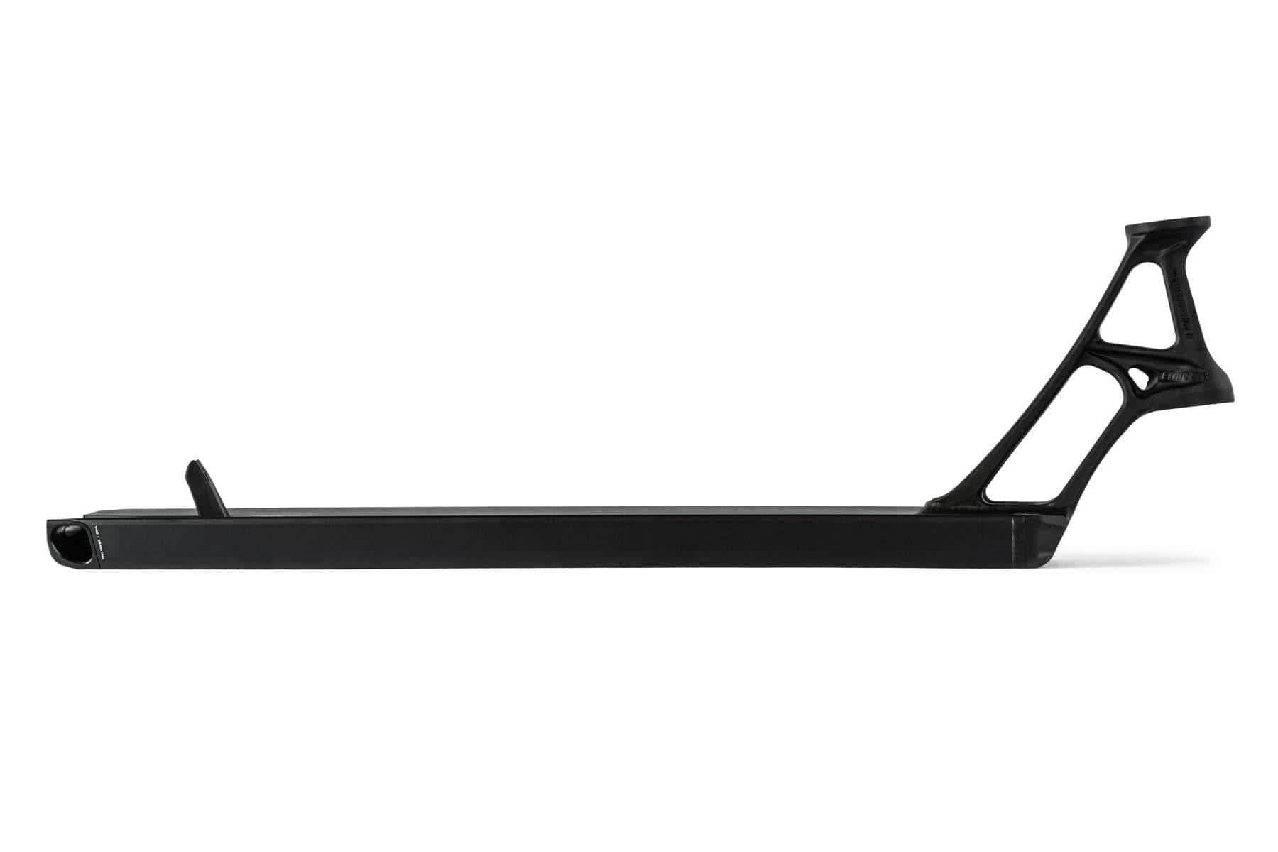 The Ethic DTC Pandemonium V2 Boxed Black Stunt Scooter Deck (5.5" x 19.7") features angular neck cutouts and a flat, rectangular base—ideal for street riding and among the lightest decks available from Ethic.