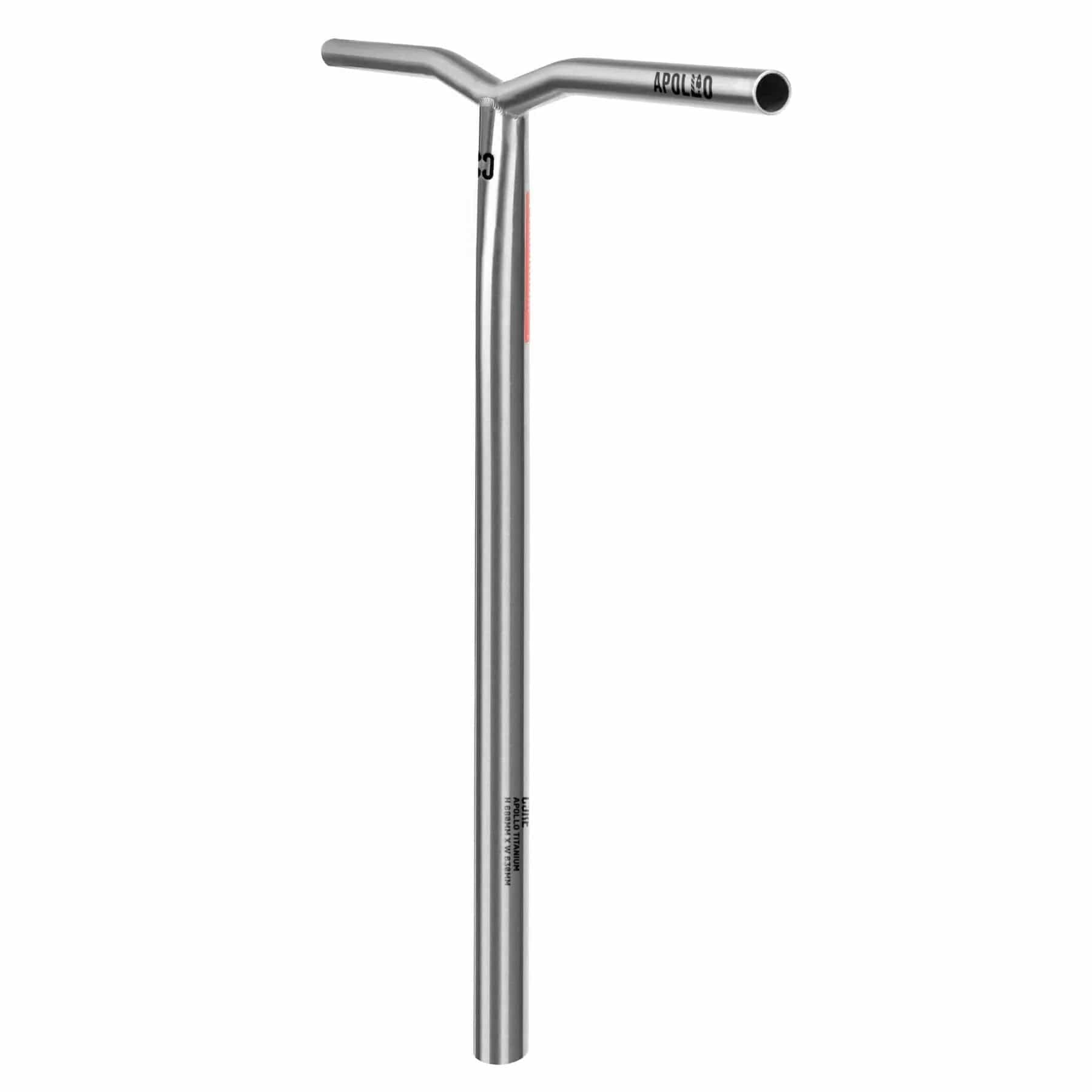 A raw, Y-shaped scooter handlebar crafted from space-grade titanium offers a sleek finish. The lightweight CORE Apollo V2 Titanium Oversized HIC Stunt Scooter Bars feature the brand logo and black text prominently displayed near the top section, measuring 680mm x 630mm.