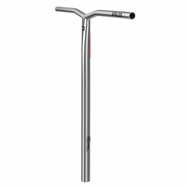 A raw, Y-shaped scooter handlebar crafted from space-grade titanium offers a sleek finish. The lightweight CORE Apollo V2 Titanium Oversized HIC Stunt Scooter Bars feature the brand logo and black text prominently displayed near the top section, measuring 680mm x 630mm.