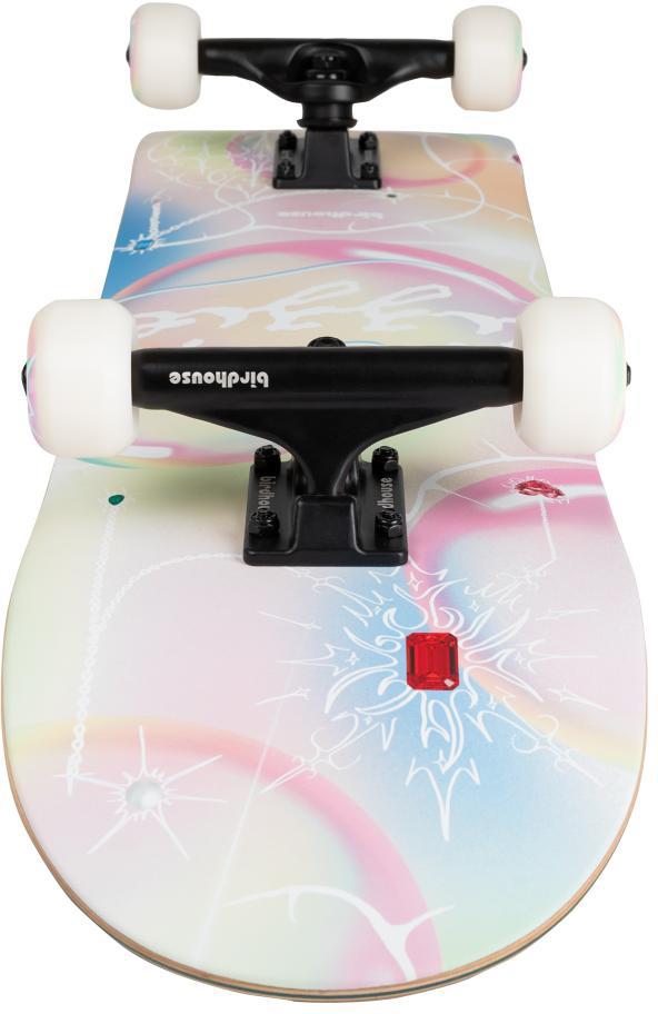 A close-up of the Birdhouse Stage 3 Armanto Bubbles Complete Skateboard (8" x 31.5") by Birdhouse, featuring white wheels, black trucks, and a pastel deck with abstract dreamy designs in soft pink, blue, yellow, white line art, and a red gem graphic.